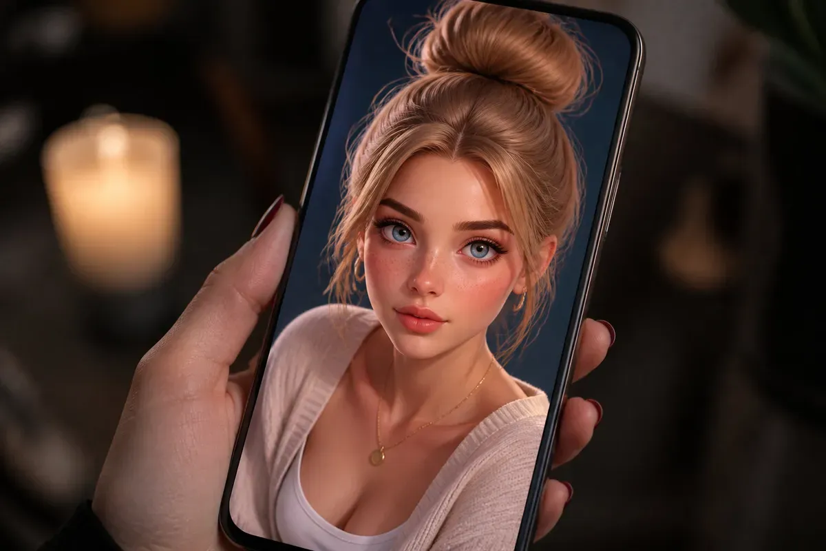 Main tenant un smartphone qui affiche le portrait d’un avatar féminin en 3D