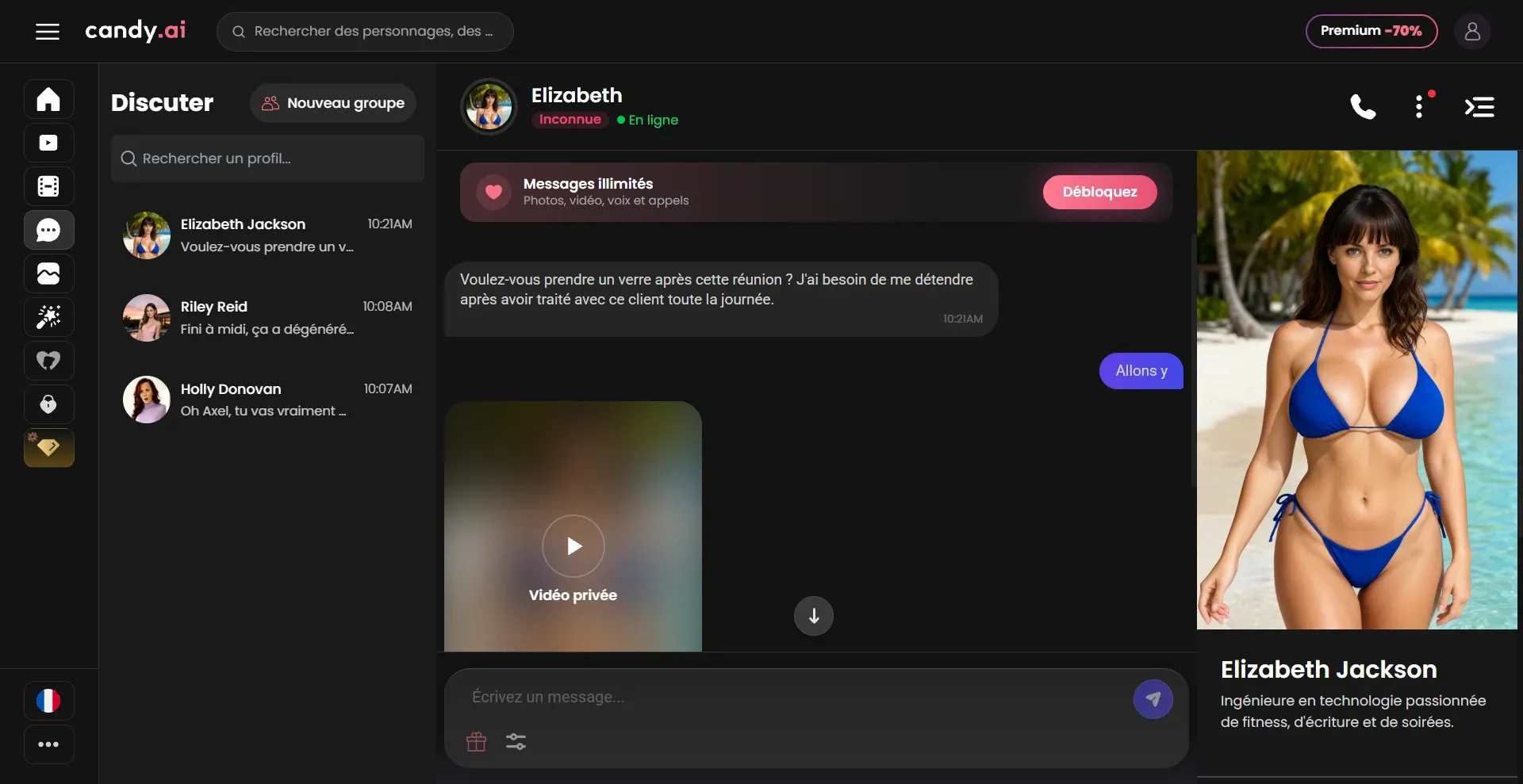 Conversation sur Candy AI avec un compte gratuit : un bandeau propose de débloquer les messages illimités et la vidéo privée reste floutée