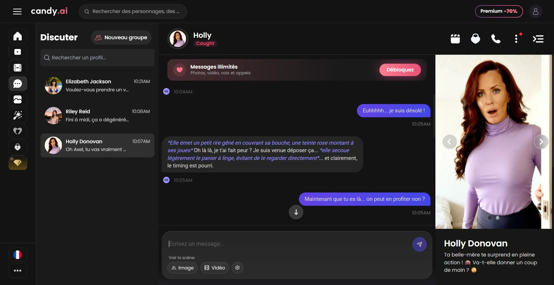 Conversation en français avec un personnage de Candy AI, avec les boutons Image et Vidéo sous la zone de saisie
