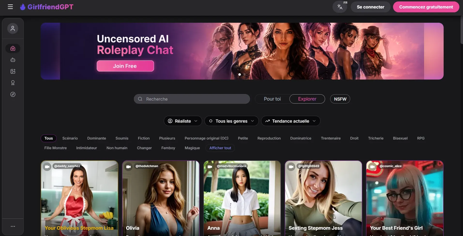 Page d’accueil de GirlfriendGPT : bandeau de présentation, filtres et fiches de personnages
