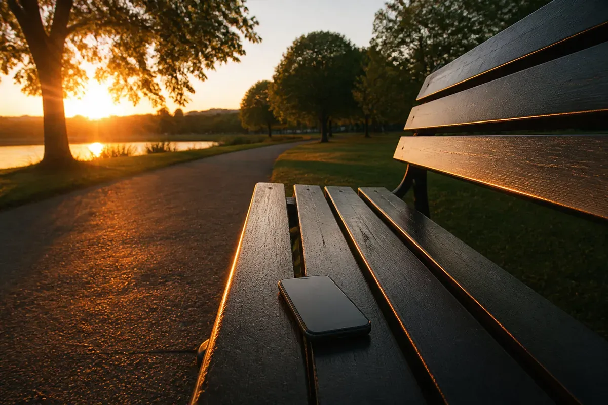 Smartphone posé sur un banc de parc au coucher du soleil